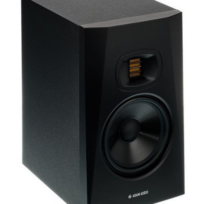 Coluna de áudio preta ADAM AUDIO com altifalante grande e tweeter retangular