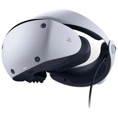 Capacete de realidade virtual PlayStation VR2 preto e branco com detalhes em preto