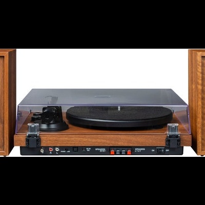 Aparelho de som vintage com gira-discos e colunas de madeira castanha