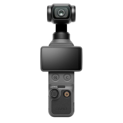Câmara portátil DJI OSMO cinzenta com ecrã e botões num fundo branco