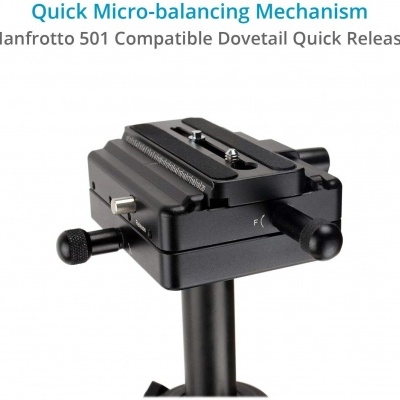 Cabeça de tripé preta com mecanismo de microequilíbrio rápido compatível Manfrotto 501 sobre fundo branco