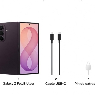 Telemóvel Galaxy Z Fold8 Ultra preto, cabo USB-C preto e pin de extração branco em fundo branco