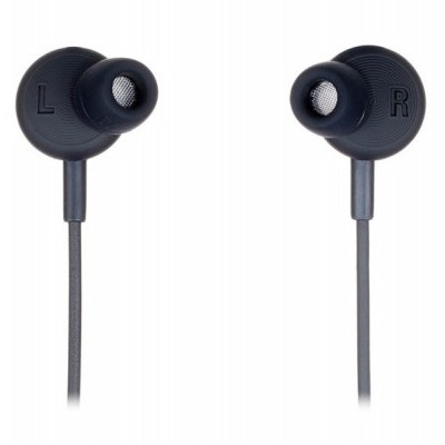 Auriculares intra-auriculares pretos com letras L e R visíveis