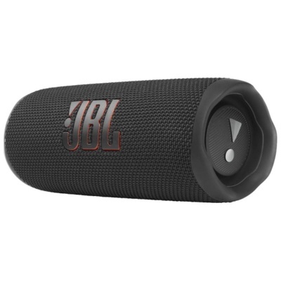 Coluna de som portátil preta JBL com logotipo em laranja