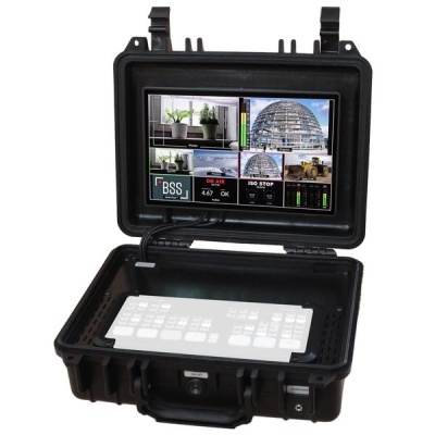 Caixa preta de plástico resistente com visor e teclado embutidos