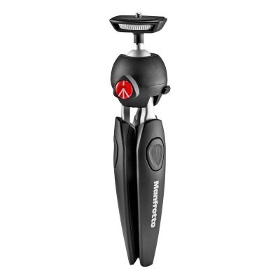 Tripé pequeno preto Manfrotto com detalhes em vermelho e cinza