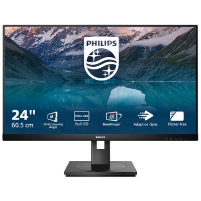 Monitor Philips 24'' Full HD preto com características técnicas visíveis no ecrã