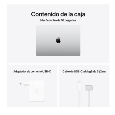 Conteúdo da caixa MacBook Pro 16 polegadas com adaptador USB-C e cabo MagSafe 3