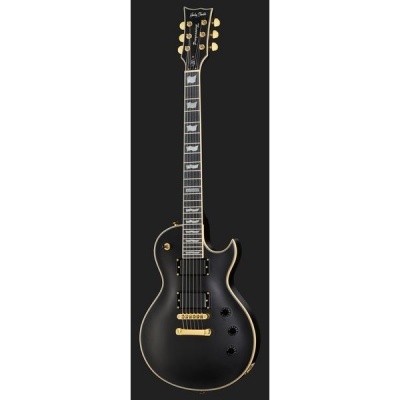 Guitarra elétrica preta com detalhes dourados e incrustações brancas no braço.