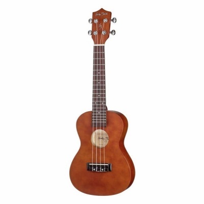 Ukulele de madeira castanho com quatro cordas e tarraxas cromadas