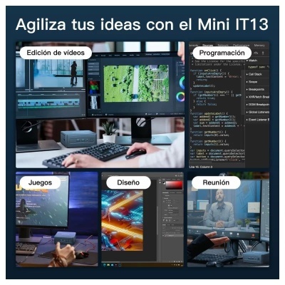 Setup de computador com vários monitores para vídeo, código, jogos, design e reunião virtual.