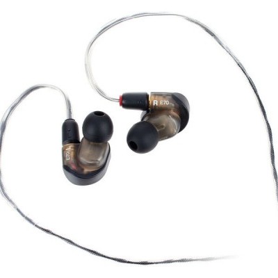 Auscultadores intra-auriculares cinzentos com cabo prateado e ponteiras pretas