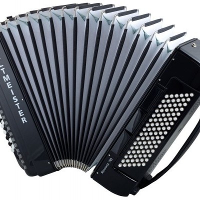 Acordeão preto e cinzento com botões pequenos e palavra WELTMEISTER visível