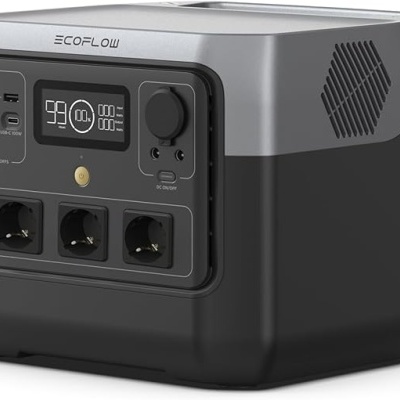Gerador portátil de energia ECOFLOW preto e cinza com ecrã digital e múltiplas tomadas