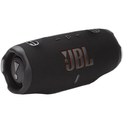 Coluna portátil JBL preta com textura em rede têxtil e botões de controlo