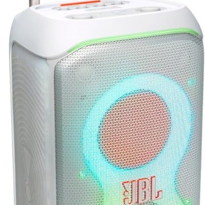 Coluna portátil JBL branca com luzes LED coloridas e pega telescópica laranja
