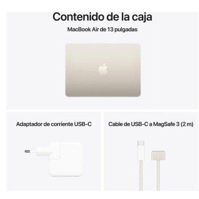 Conteúdo da caixa do MacBook Air com portátil, adaptador USB-C e cabo MagSafe 3