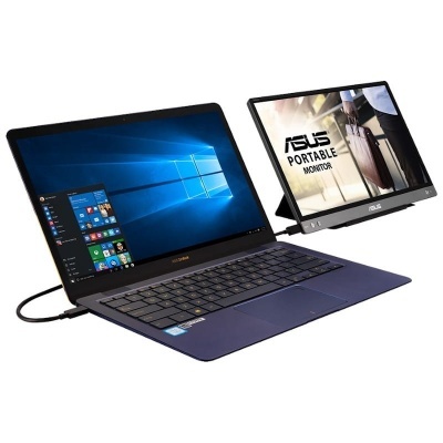 Portátil azul escuro com monitor portátil ASUS ligado