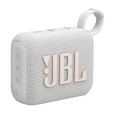 Coluna portátil branca JBL com textura em malha e presilha