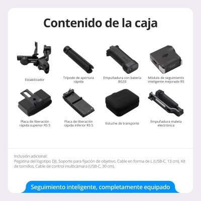 Equipamento de estabilizador de câmara DJI com várias peças pretas organizadas sobre fundo branco.