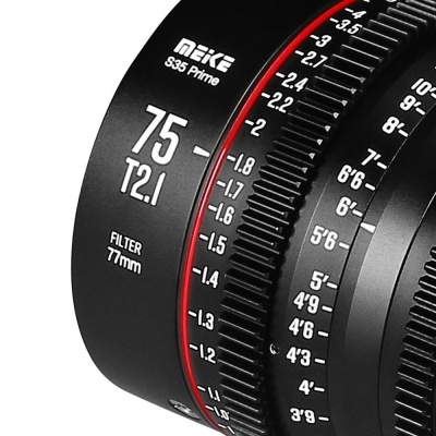 Lente MEIKE S35 Prime preta com marcações 75 T2.1 e filtro 77mm
