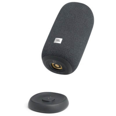 Coluna portátil JBL cinza escuro com base de suporte preta