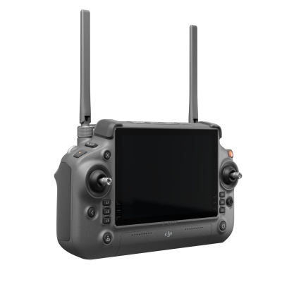 Comando de controlo remoto DJI cinzento escuro com ecrã grande e duas antenas