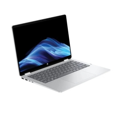 Portátil HP prateado com ecrã azul e teclado cinzento