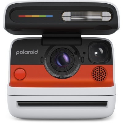 Câmara instantânea Polaroid branca, laranja e preta com lente e botão vermelho