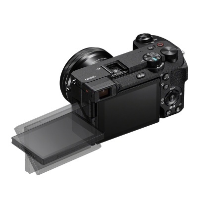 Câmara fotográfica digital preta com ecrã articulado