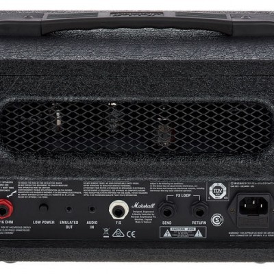 Amplificador de guitarra elétrico Marshall preto visto de trás com conexões e etiquetas