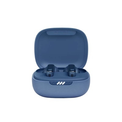 Conjunto de auriculares True Wireless azuis com estojo de carregamento azul aberta