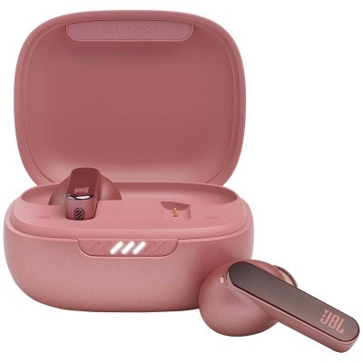 Auriculares sem fios JBL Tune Pro 2 rosa com estojo de carregamento aberto