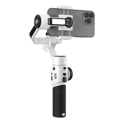 Gimbal branco com smartphone cinza fosco segurado