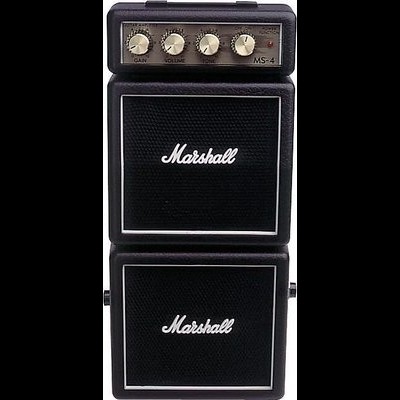 Amplificador portátil de guitarra Marshall MS-4 preto com dois altifalantes e botões brancos.
