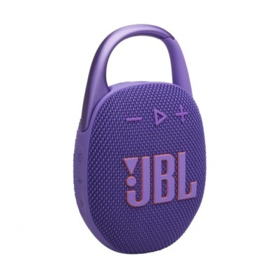 Coluna portátil JBL roxa com mosquetão e botões de controlo