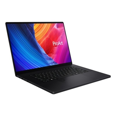 Computador portátil preto com ecrã colorido mostrando a palavra ProArt