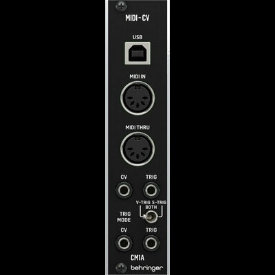 Painel traseiro dispositivo áudio Behringer CM1A com conexões MIDI-CV, USB, MIDI IN, MIDI THRU, CV, TRIG