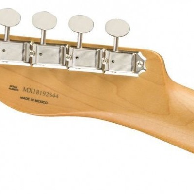 Braço traseiro de guitarra elétrica em madeira clara com seis clavijas metálicas prateadas e texto gravado.