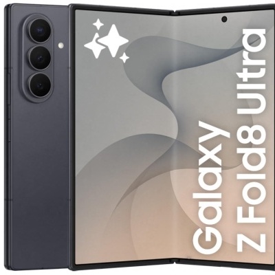 Smartphone Galaxy Z Fold8 Ultra dobrável aberto com três câmaras traseiras e texto na tela.