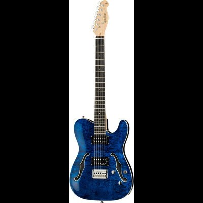 Guitarra elétrica semi-hollow azul com corpo marmoreado e braço preto