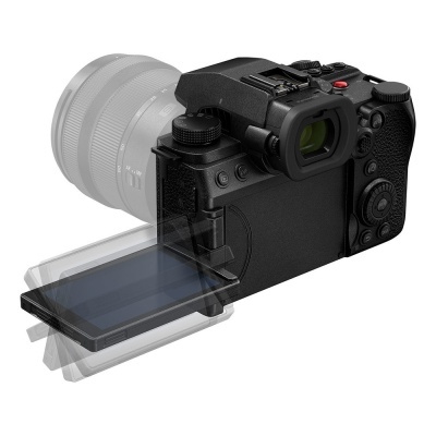 Câmara fotográfica digital preta com ecrã LCD articulado