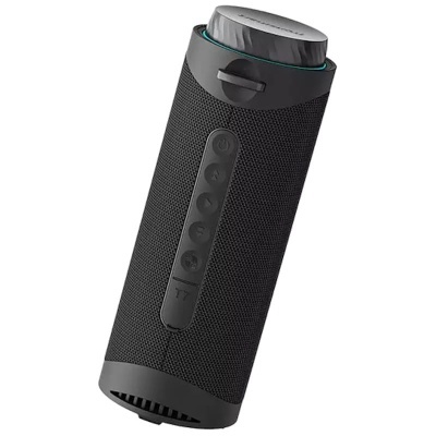 Coluna de som portátil preta com tecido e botões