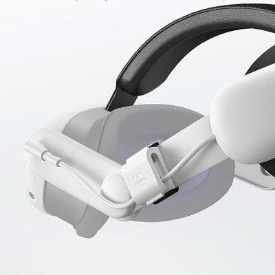 Óculos de realidade virtual branco com almofadas cinzentas e suporte articulado