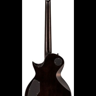 Guitarra elétrica de corpo sólido em madeira escura vista por trás