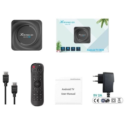 Android TV BOX X88 PRO 2D com telecomando, cabos HDMI, adaptador e manual