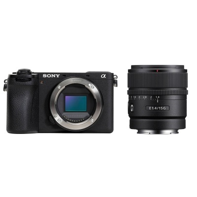 Câmara Sony Alpha corpo preto e lente removível preta ao lado