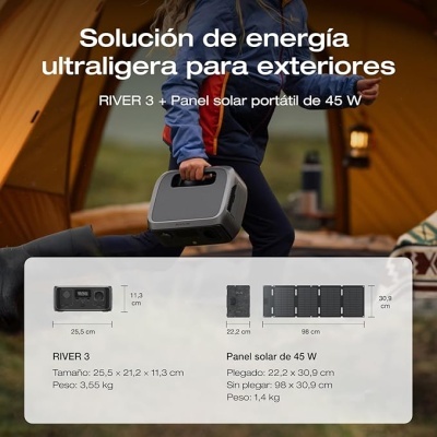 Dispositivo portátil de energia RIVER 3 e painel solar em ambiente de campismo