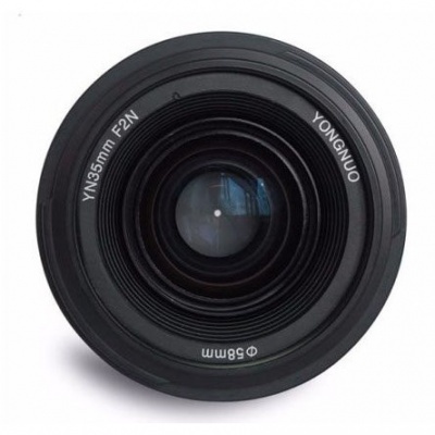 Lente de câmara fotográfica Yongnuo vista frontal, preta, 35mm f2, Ø58mm