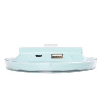 Dispositivo tecnológico redondo azul claro com portas USB tipo A e tipo C